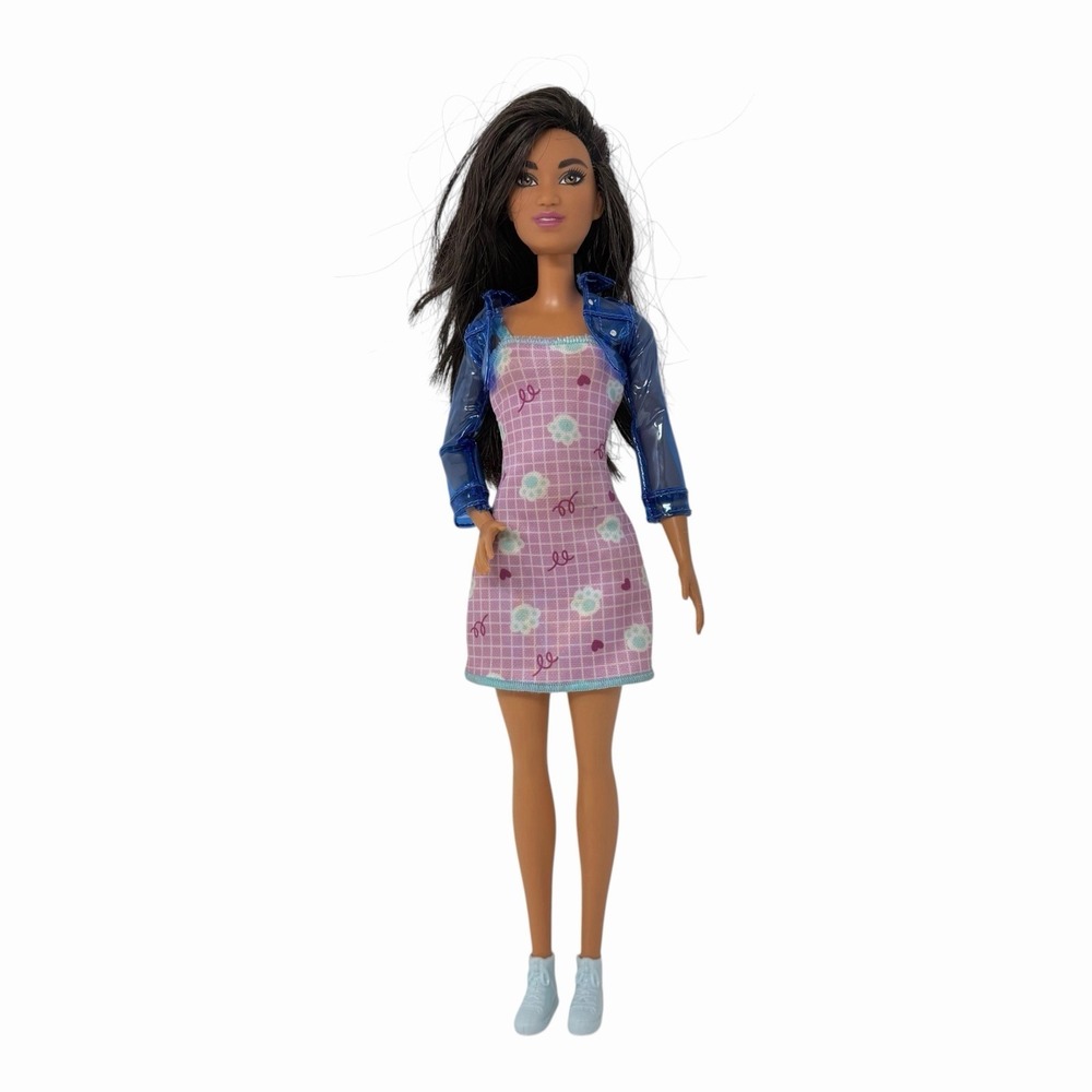 Barbie Fashionistas Doll Pink Grid Floral Dress Blue Translucent Jacket Sneaker